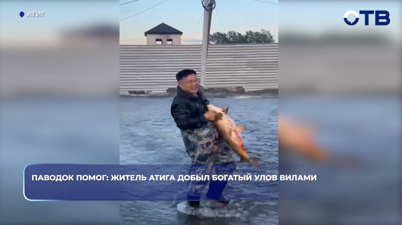 Житель Атига поймал рыбу вилами в разлившейся после дождей реке
